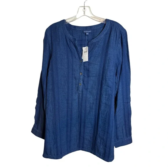 Purejill Indigo Textured Tunic Top Parker Wash Long Sleeve Sz L NWT - Picture 2 of 7